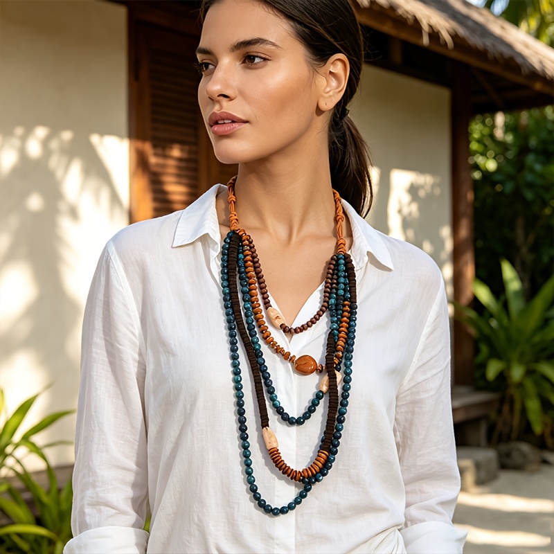 Bohemian Multi-Layer Stackable Long Necklace with Wooden Beads